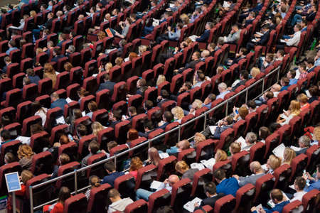 Moscow, Russia - April 24, 2017: People attend Synergy Global Forum at Crocus Expo Hall. This is one of the largest business forums with more than 5000 participantsのeditorial素材