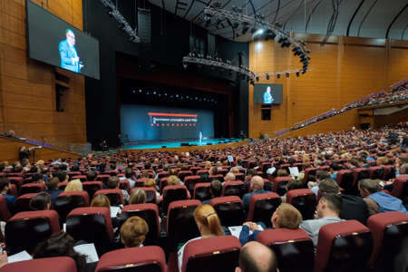 Moscow, Russia - April 24, 2017: People attend Synergy Global Forum at Crocus Expo Hall. This is one of the largest business forums with more than 5000 participantsのeditorial素材