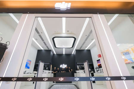 Moscow, Russia - April 1, 2017: Interior and sellers of DJI Authorized Store before openingのeditorial素材