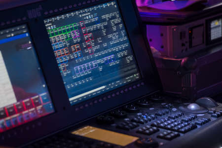 Panel of professional video equipment with a lot of buttons and lights