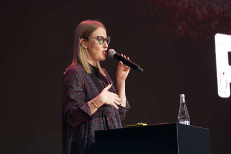 Moscow, Russia - April 7, 2017: Ksenia Sobchak - Russian television and radio presenter, a journalist, a public figure, and an actress performs at business conferenceのeditorial素材