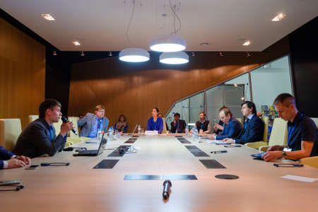 Moscow, Russia - April 15, 2017: People at round table session at Velocongress at Tekhnopolis Hallのeditorial素材