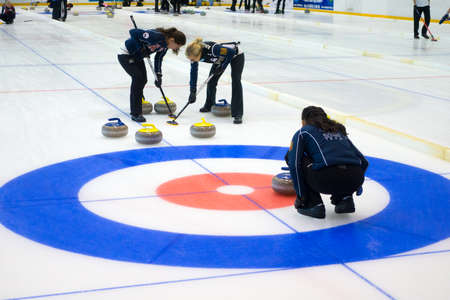 Svetlogorsk, Russia - August 5, 2017: Team members play in curling during IX international Medexpert Curling Cupのeditorial素材