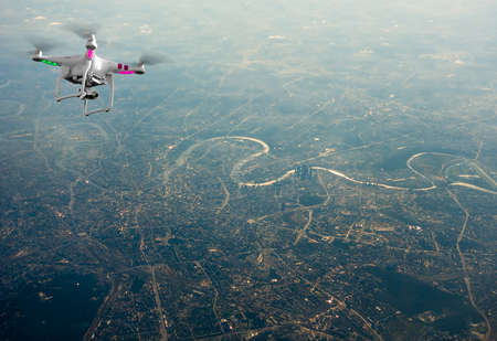 Drone flying above the cityの写真素材