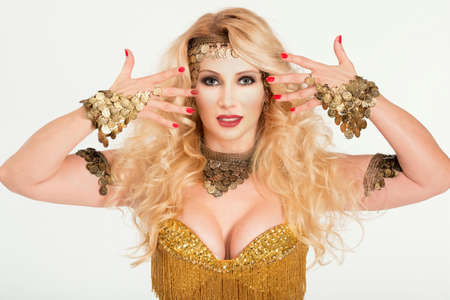 Portrait of beautiful blonde woman isolated on whiteの写真素材