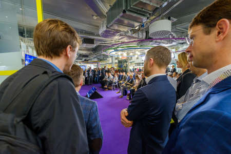 Skolokovo, Russia - October 16, 2017: People attend Open Innovations 2017 forum in new building Skolkovo Technopark.のeditorial素材