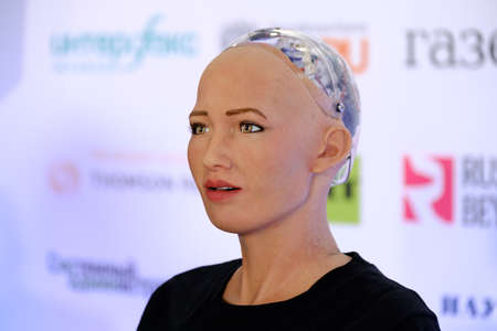 Moscow, Russia - October 1, 2017: Sophia humanoid robot speaking Russian at Open Innovations...