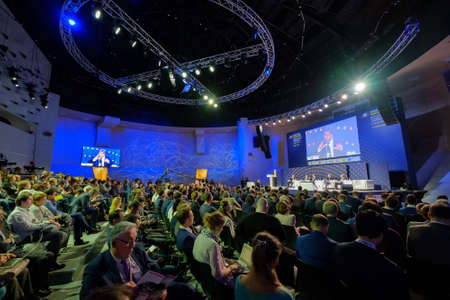 Skolokovo, Russia - October 16, 2017: People attend Open Innovations 2017 forum in new building Skolkovo Technopark.のeditorial素材