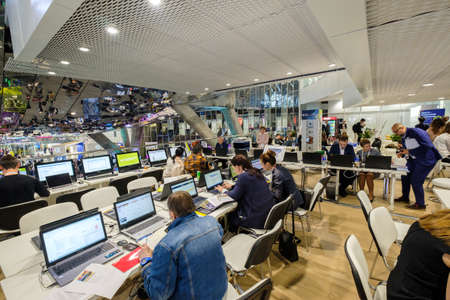 Skolokovo, Russia - October 16, 2017: People attend Open Innovations 2017 forum in new building Skolkovo Technopark.のeditorial素材