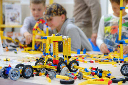 Moscow, Russia - September 9, 2017: Child plays with a childrens designerのeditorial素材