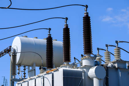Isolators and transformers at the electrical substation. Electrical equipment
