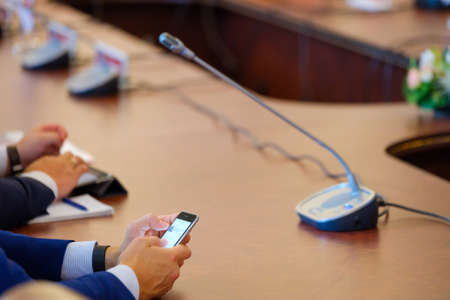 Table microphones at conference hall
