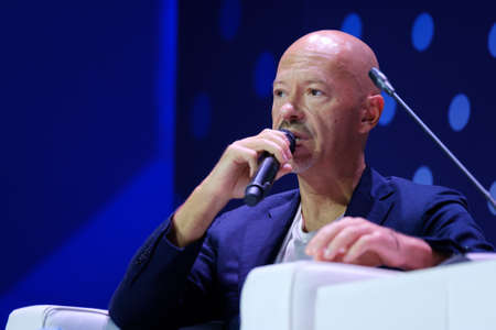 Skolokovo, Russia - October 16, 2017: Russian celebrity Fyodor Bondarchuk speaking at Open Innovations 2017 forumのeditorial素材