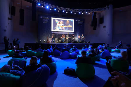 Skolokovo, Russia - October 16, 2017: Audience listening musicians at rock music concertのeditorial素材