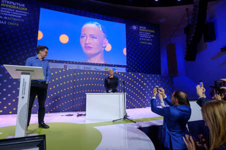 Moscow, Russia - October 16, 2017: Sophia humanoid robot and David Hanson at Open Innovations...