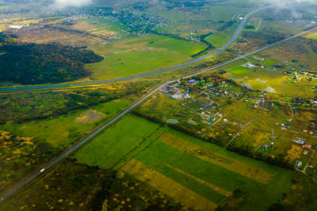 Aerial view of suburban district at fallの写真素材