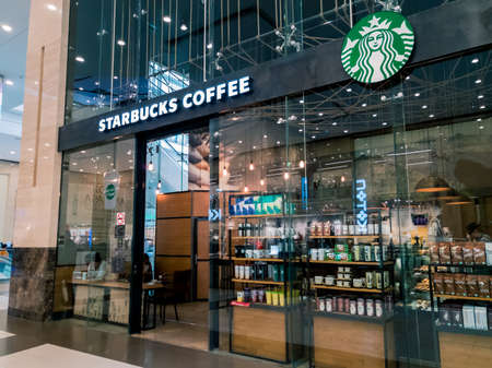 Moscow, Russia - September 9, 2017: Starbucks cafe interior in the Columbus mallのeditorial素材