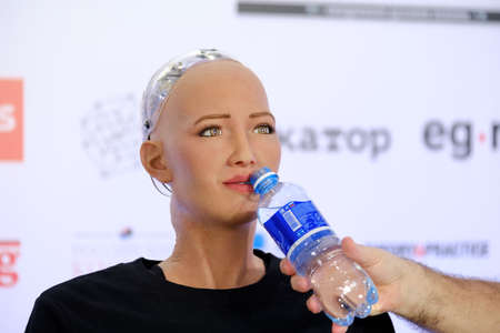 Moscow, Russia - October 1, 2017: Sophia humanoid robot at Open Innovations Conference at Skolokovo...