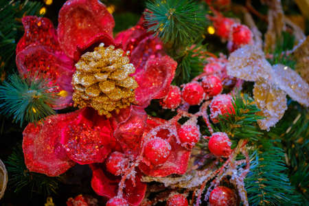 Christmas tree decorations macro backgroundの写真素材
