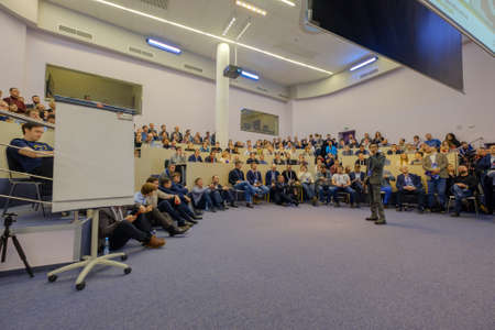 Moscow, Russia - December 8, 2017: People attend Crypto Space event at Skolkovo Campusのeditorial素材