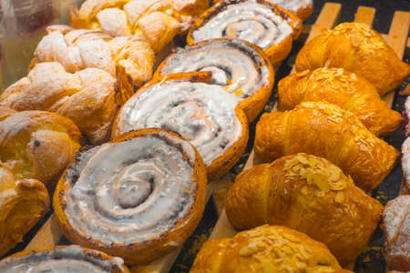 Fresh pastries for sale in a bakery