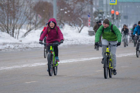 Moscow - February 11, 2017: Many cyclists participate in winter bicycle parade around the city centreのeditorial素材