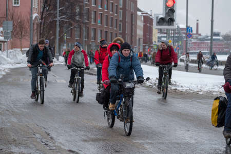 Moscow - February 11, 2017: Many cyclists participate in winter bicycle parade around the city centreのeditorial素材