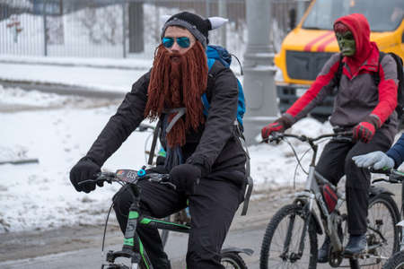 Moscow - February 11, 2017: Many cyclists participate in winter bicycle parade around the city centreのeditorial素材