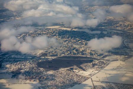 Aerial view of multi storey district in the city at winterの写真素材