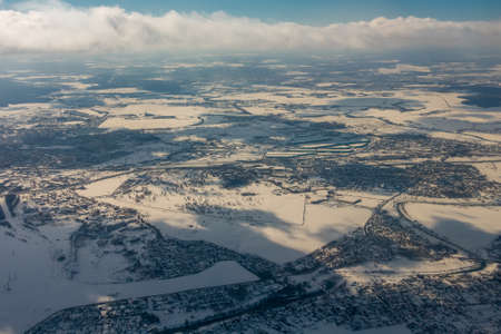 Aerial view of the industrial district at winterの写真素材