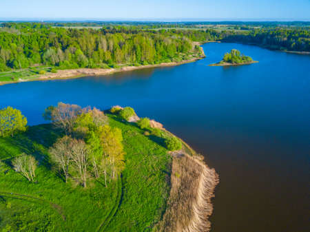 Aerial landscape of small island at the lakeの写真素材