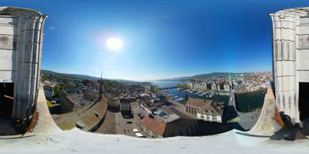Aerial 360 VR panorama of the historic center of Zurich in Switzerland