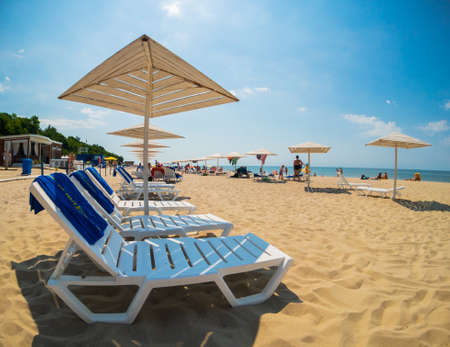 Yantarnyi - Russia, June 2, 2018: People are sunbathing at renovated beach at sunny day timeのeditorial素材