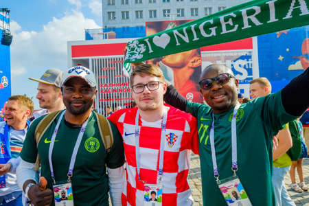 Kaliningrad - Russia, June 16, 2018: Football fans support teams on the streets of the city on the day of the match between Croatia and Nigeriaのeditorial素材