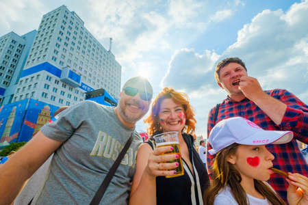 Kaliningrad - Russia, June 16, 2018: Football fans support teams on the streets of the city on the day of the match between Croatia and Nigeriaのeditorial素材