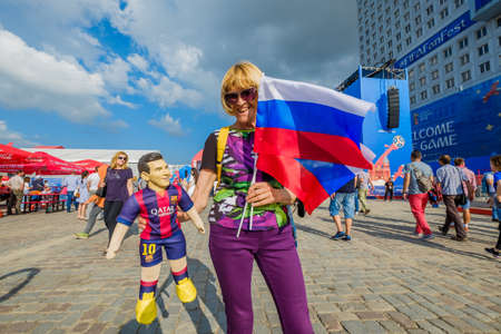 Kaliningrad - Russia, June 16, 2018: Football fans support teams on the streets of the city on the day of the match between Croatia and Nigeriaのeditorial素材