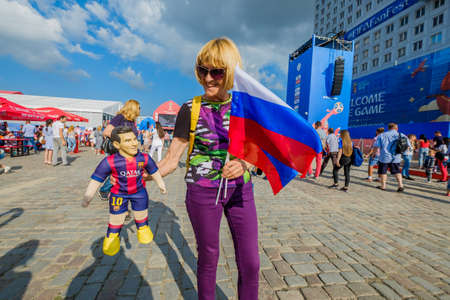 Kaliningrad - Russia, June 16, 2018: Football fans support teams on the streets of the city on the day of the match between Croatia and Nigeriaのeditorial素材
