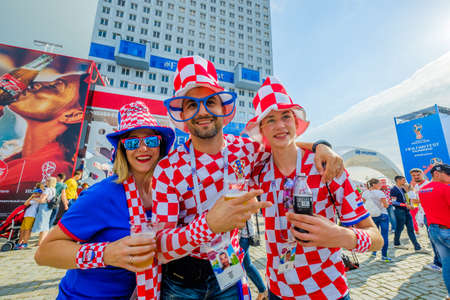 Kaliningrad - Russia, June 16, 2018: Football fans support teams on the streets of the city on the day of the match between Croatia and Nigeriaのeditorial素材