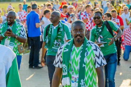 Kaliningrad - Russia, June 16, 2018: Football fans support teams on the streets of the city on the day of the match between Croatia and Nigeriaのeditorial素材