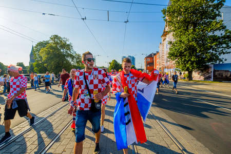 Kaliningrad - Russia, June 16, 2018: Football fans support teams on the streets of the city on the day of the match between Croatia and Nigeriaのeditorial素材