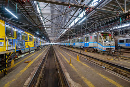 Moscow, Russia - April 15, 2018: Subway train metro depot Krasnaya presnya interior
