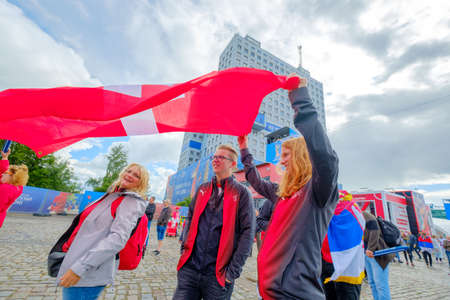 Kaliningrad - Russia, May 22, 2018: Football fans attend stadion Kaliningrad before match between Serbia and Switzerlandのeditorial素材