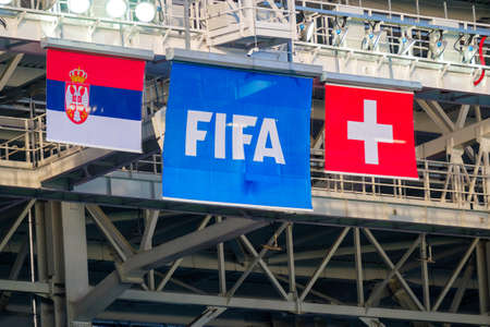 Kaliningrad - Russia, June 22, 2018: FIFA logo banner at the stadium on the match between Serbia and Switzerlandのeditorial素材