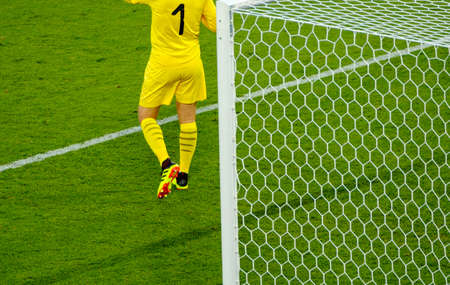 Goalkeeper back view on a soccer field near the gate