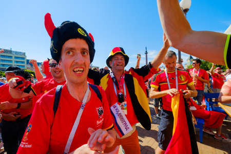 Kaliningrad - Russia, June 28, 2018: Football fans support teams on the street of the city on the...