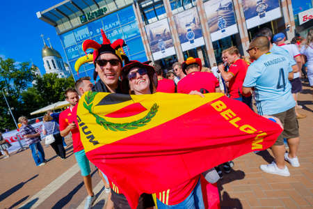 Kaliningrad - Russia, June 28, 2018: Football fans support teams on the street of the city on the day of the match between England and Belgiumのeditorial素材