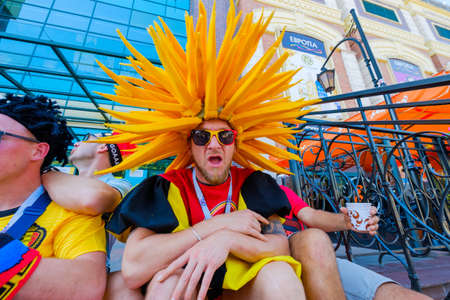 Kaliningrad - Russia, June 28, 2018: Football fans support teams on the street of the city on the...