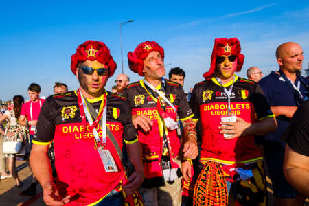 Kaliningrad - Russia, June 28, 2018: Football fans support teams on the street of the city on the day of the match between England and Belgiumのeditorial素材