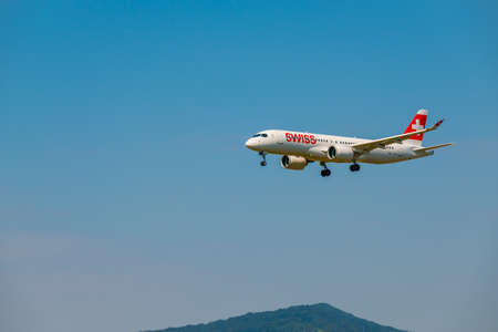 Zurich, Switzerland - July 19, 2018: Swiss Airlines Company airplane preparing for landing. Swiss International Air Lines AG is the national airline of Switzerlandのeditorial素材