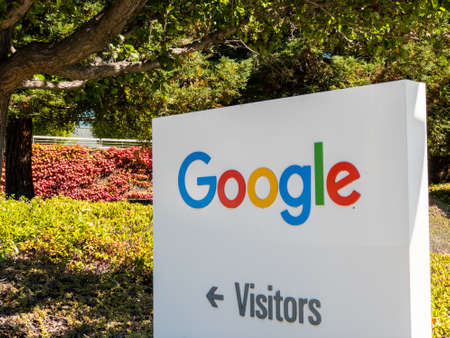 Mountain View, USA - September 25, 2018: Google logo at Googleplex headquarters main officeのeditorial素材